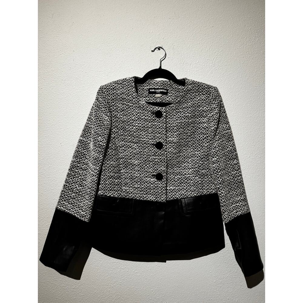 Karl Lagerfeld Paris Women’s Tweed with Faux Leather Jacket Size 8